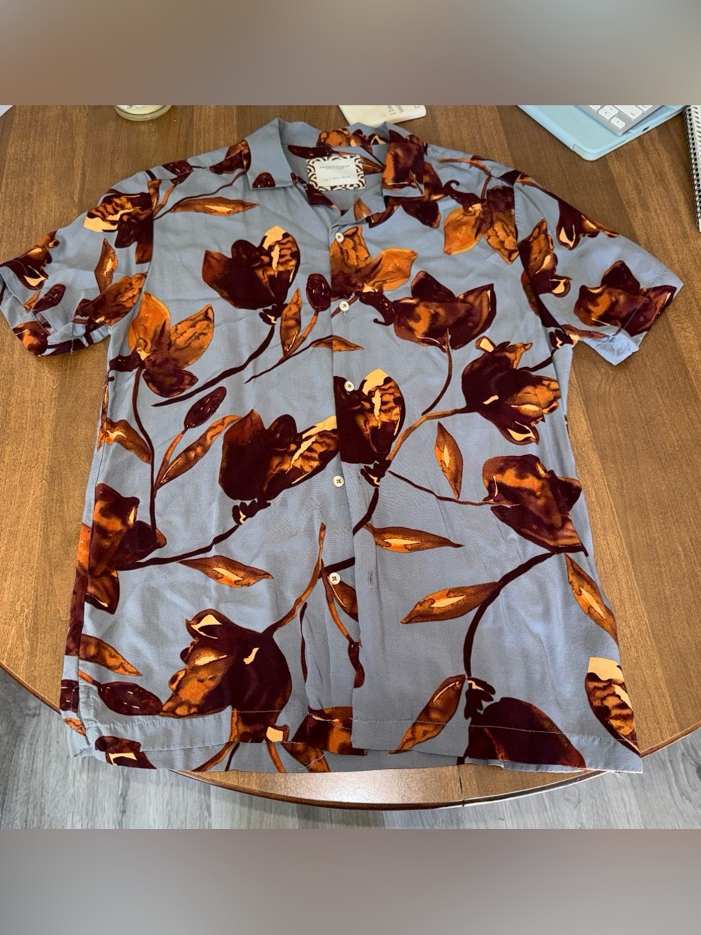 Denim & Flower Light Blue Short-Sleeve Shirt with Brown and Orange Floral Print